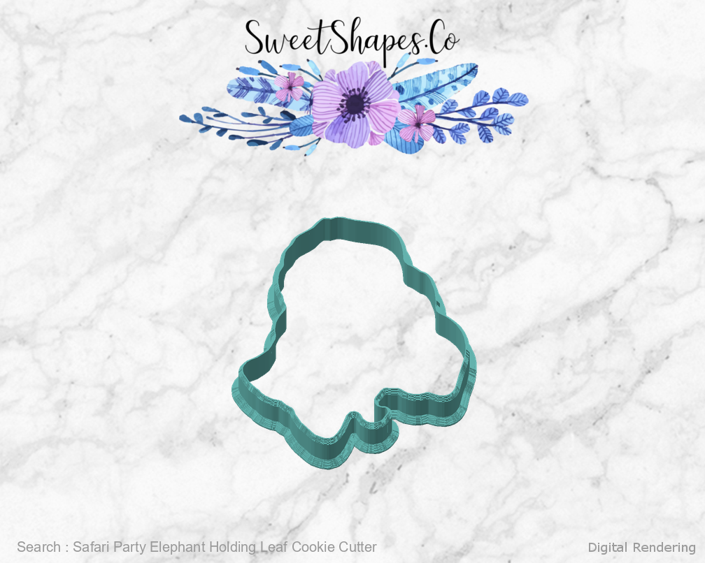Safari Party Elephant Holding Leaf Cookie Cutter — angled front view