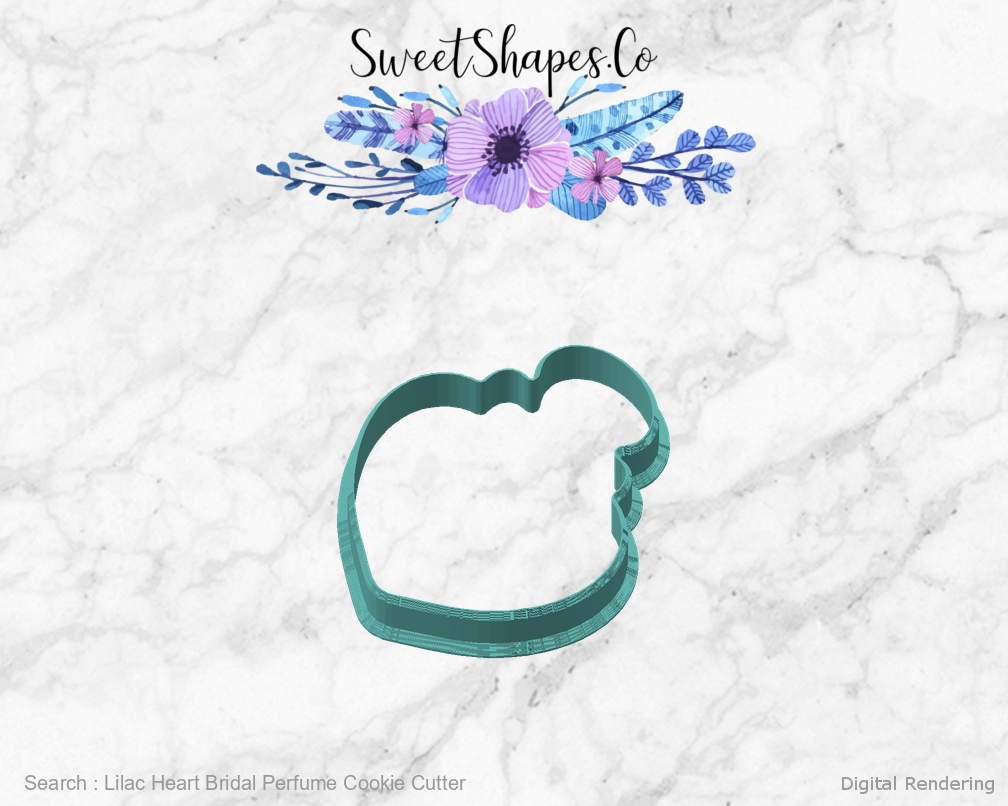 Lilac Heart Bridal Perfume Cookie Cutter — angled front view