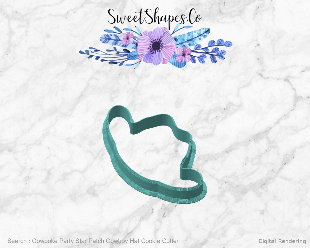 Cowpoke Party Star Patch Cowboy Hat Cookie Cutter — angled front view