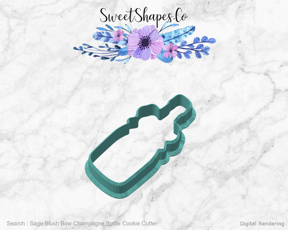 Sage Blush Bow Champagne Bottle Cookie Cutter — angled front view