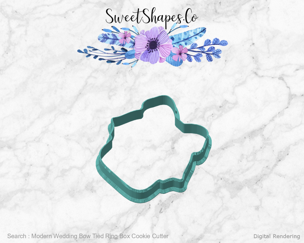 Modern Wedding Bow Tied Ring Box Cookie Cutter — angled front view