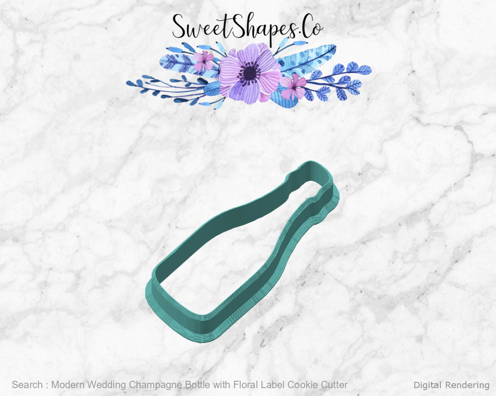 Modern Wedding Champagne Bottle with Floral Label Cookie Cutter — angled front view