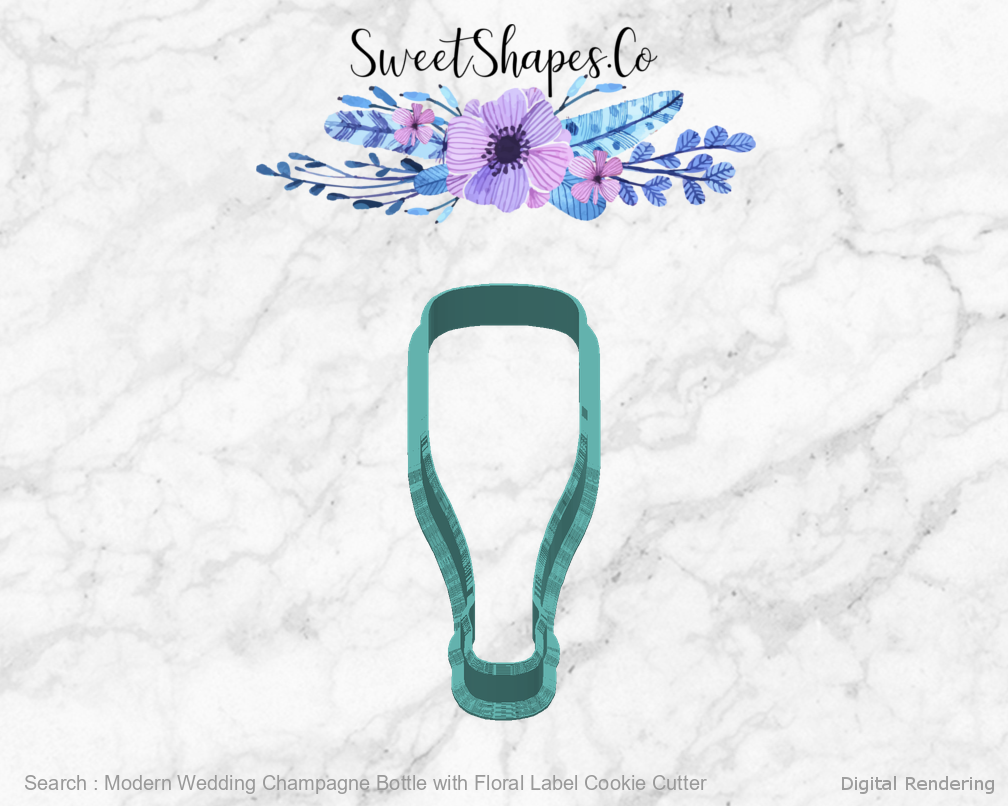Modern Wedding Champagne Bottle with Floral Label Cookie Cutter — back view