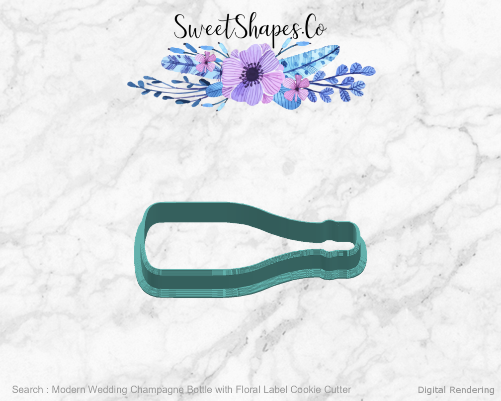 Modern Wedding Champagne Bottle with Floral Label Cookie Cutter — right view