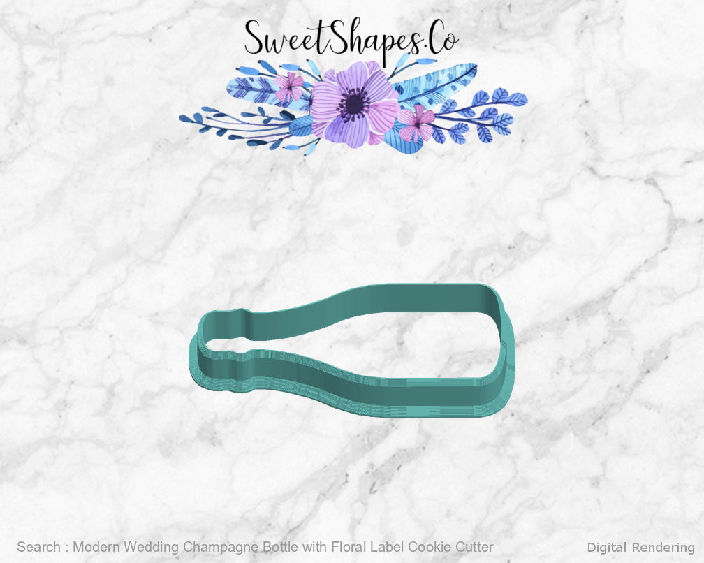 Modern Wedding Champagne Bottle with Floral Label Cookie Cutter — left view
