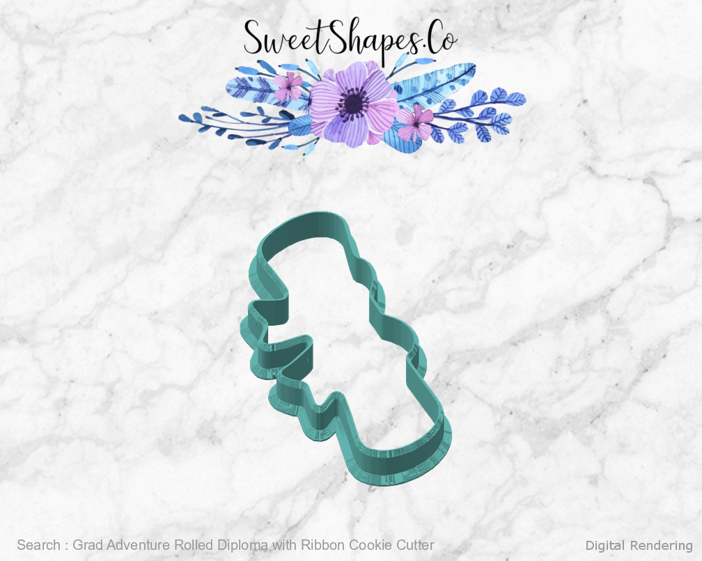 Grad Adventure Rolled Diploma with Ribbon Cookie Cutter — angled front view