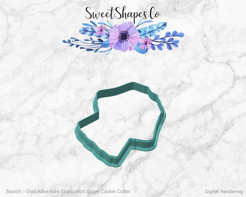 Grad Adventure Graduation Gown Cookie Cutter — angled front view