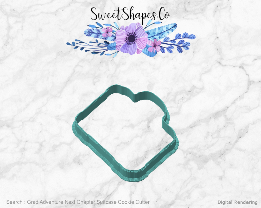 Grad Adventure Next Chapter Suitcase Cookie Cutter — angled front view