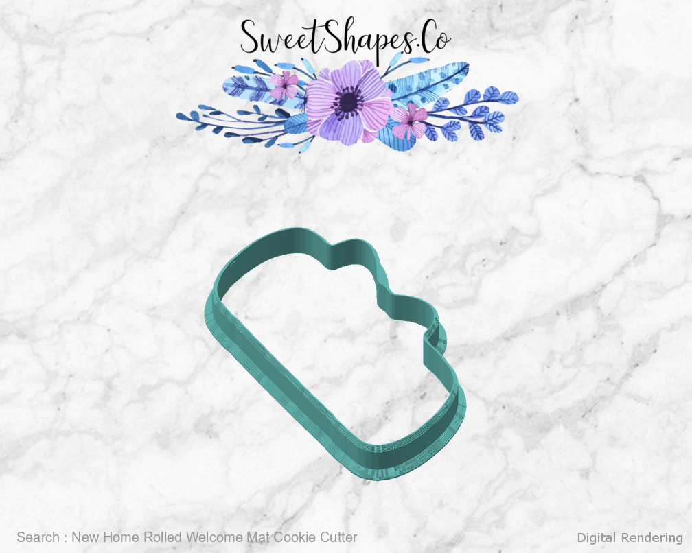 New Home Rolled Welcome Mat Cookie Cutter — angled front view
