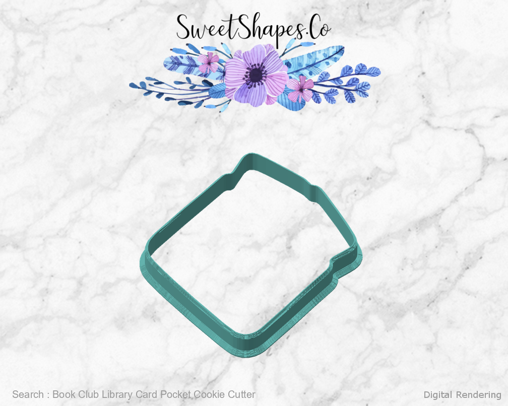 Book Club Library Card Pocket Cookie Cutter — angled front view