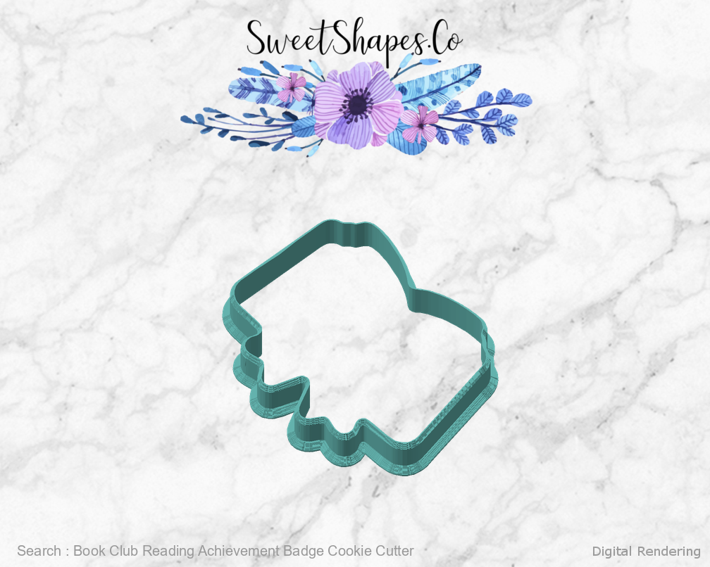 Book Club Reading Achievement Badge Cookie Cutter — angled front view