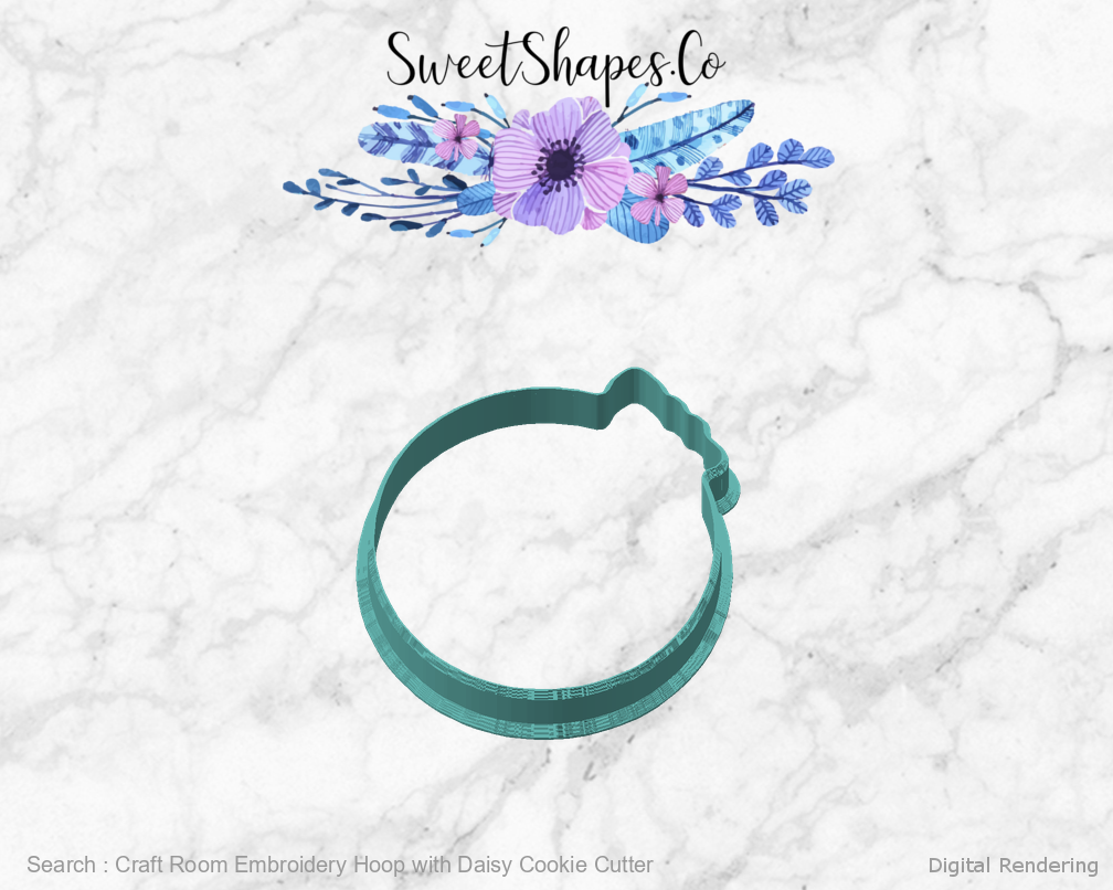 Craft Room Embroidery Hoop with Daisy Cookie Cutter — angled front view