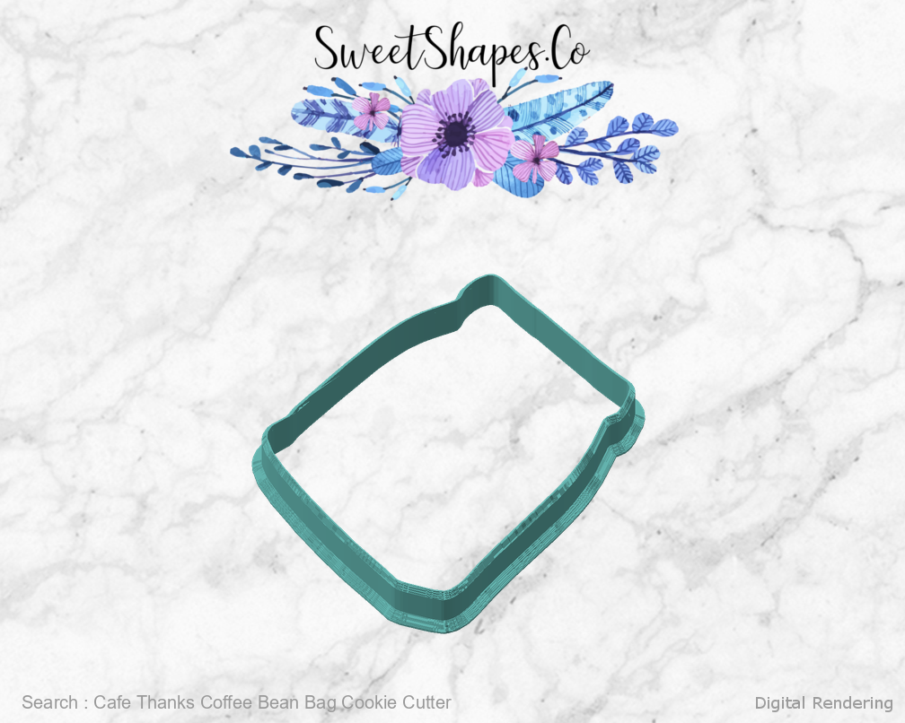 Cafe Thanks Coffee Bean Bag Cookie Cutter — angled front view