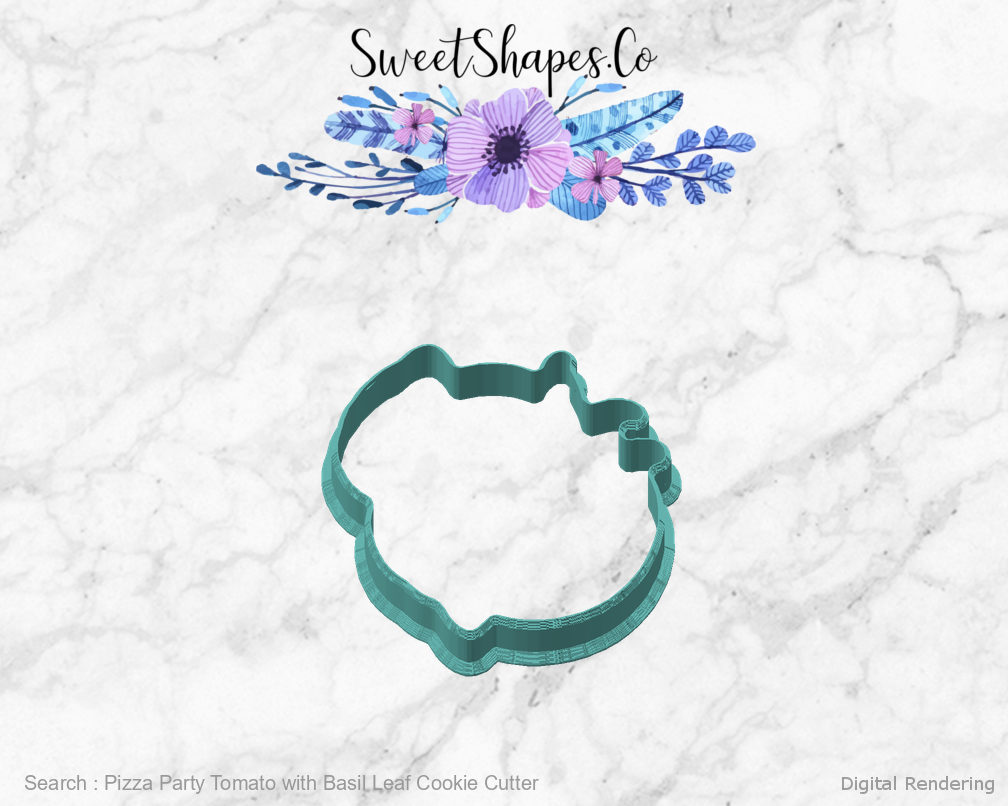 Pizza Party Tomato with Basil Leaf Cookie Cutter — angled front view