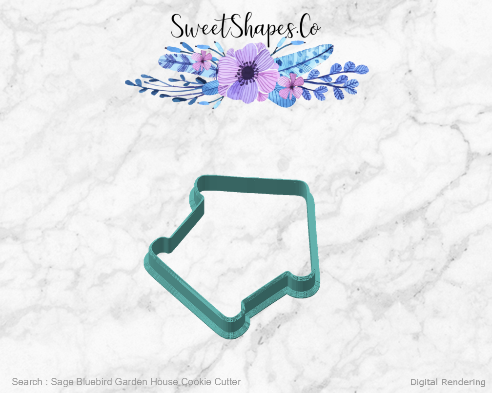 Sage Bluebird Garden House Cookie Cutter — angled front view