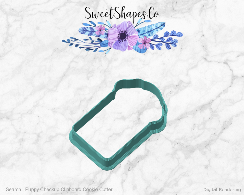 Puppy Checkup Clipboard Cookie Cutter — angled front view