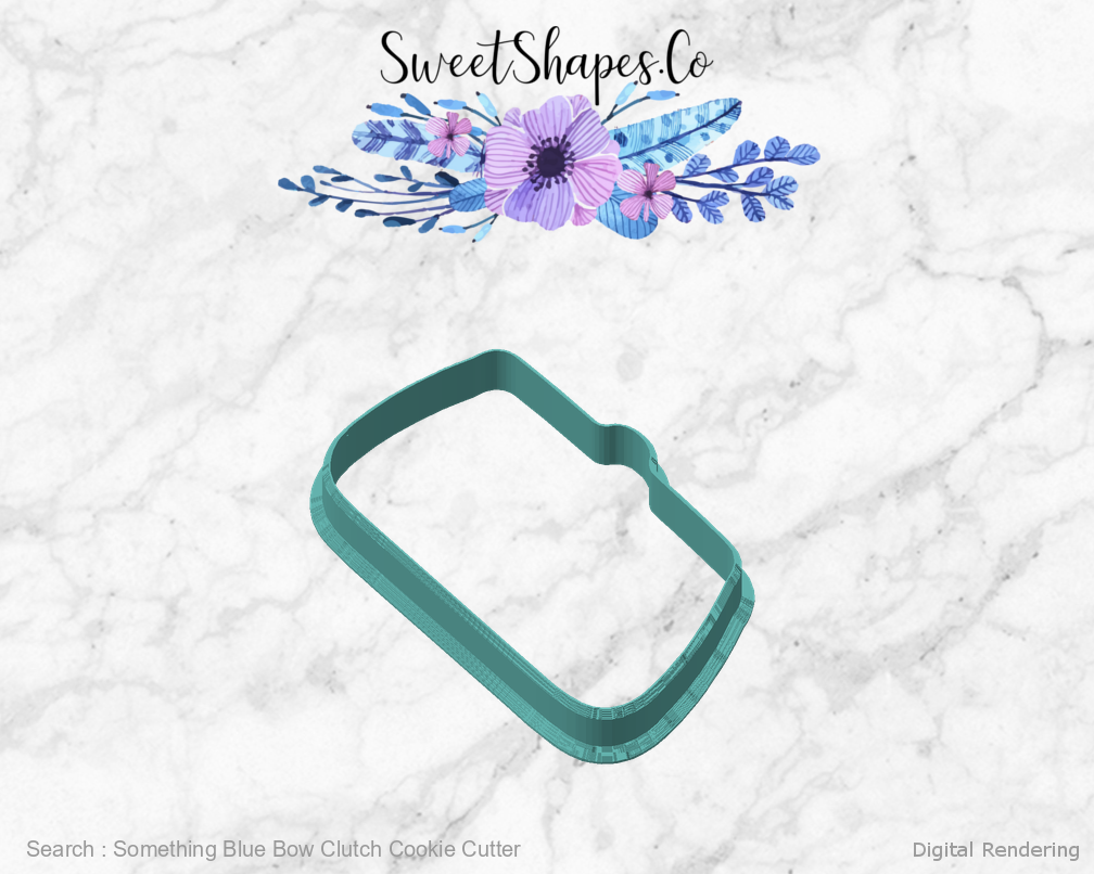 Something Blue Bow Clutch Cookie Cutter — angled front view