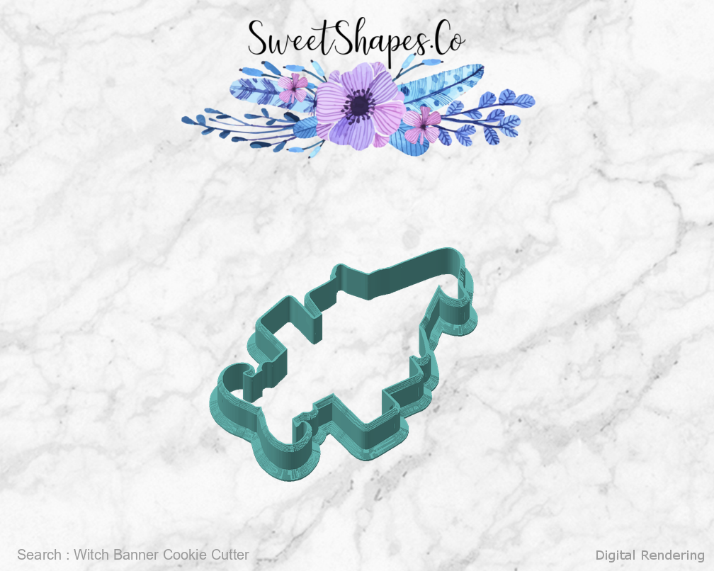 Witch Banner Cookie Cutter — angled front view