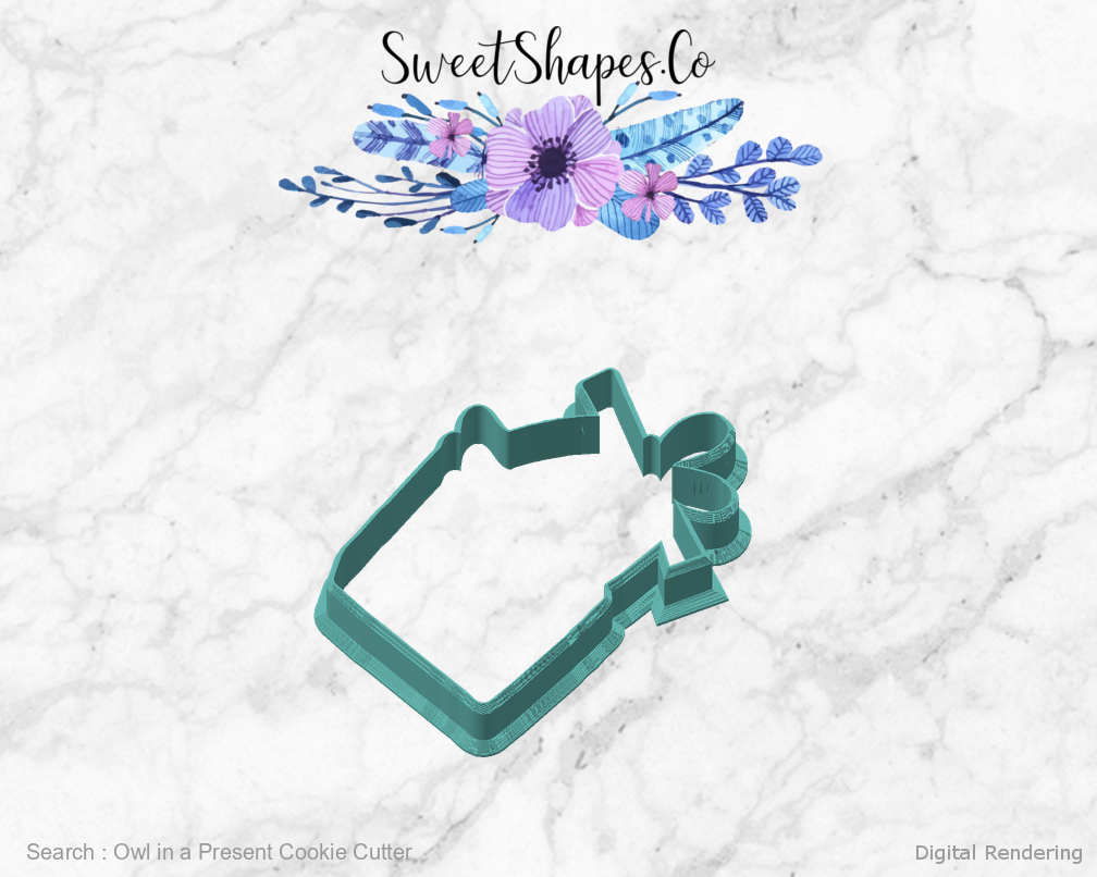 Owl in a Present Cookie Cutter — angled front view