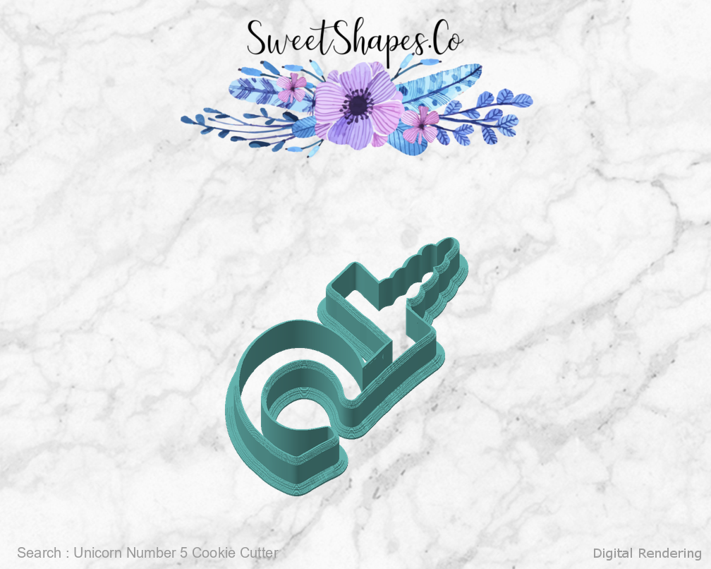 Unicorn Number 5 Cookie Cutter — angled front view