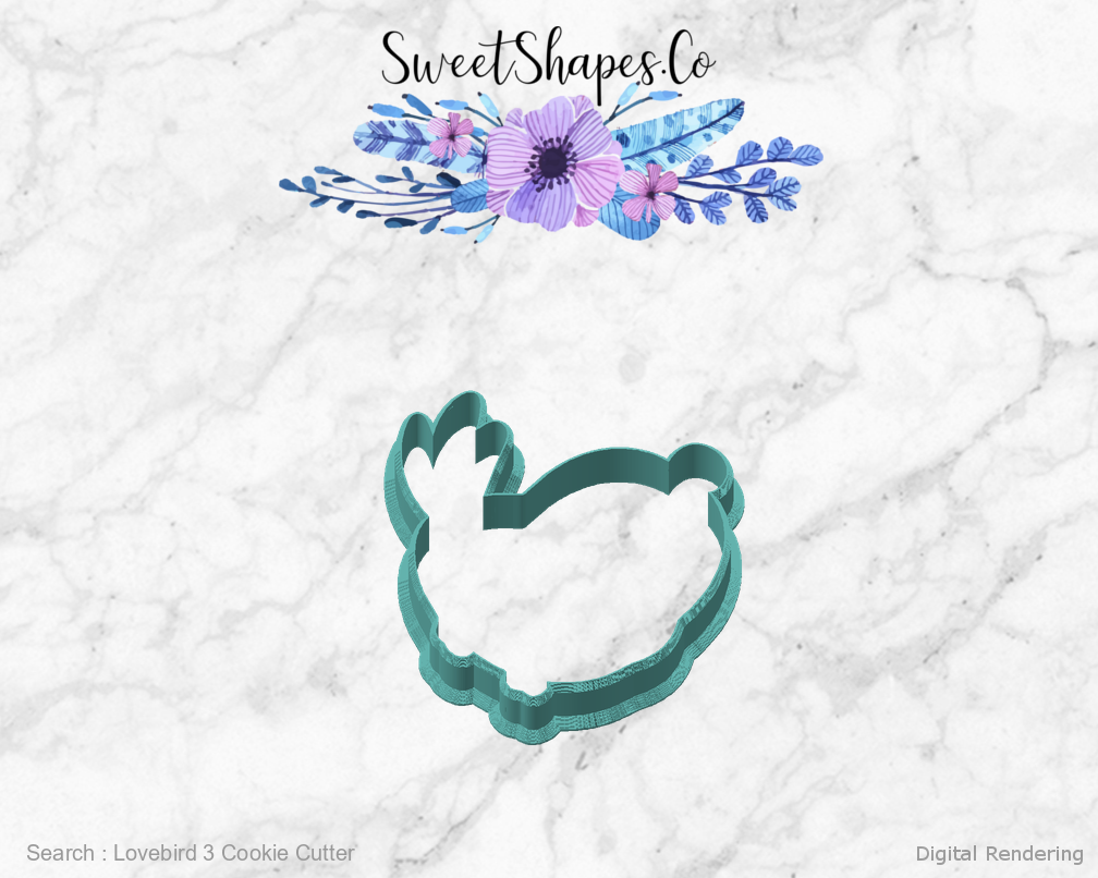 Lovebird 3 Cookie Cutter — angled front view