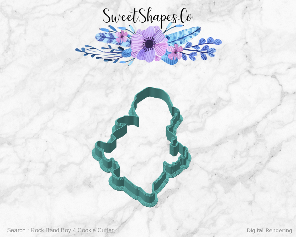 Rock Band Boy 4 Cookie Cutter — angled front view