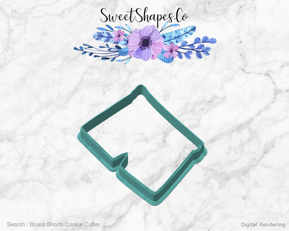 Board Shorts Cookie Cutter — angled front view