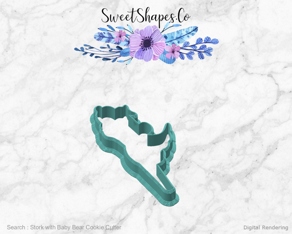 Stork with Baby Bear Cookie Cutter — angled front view