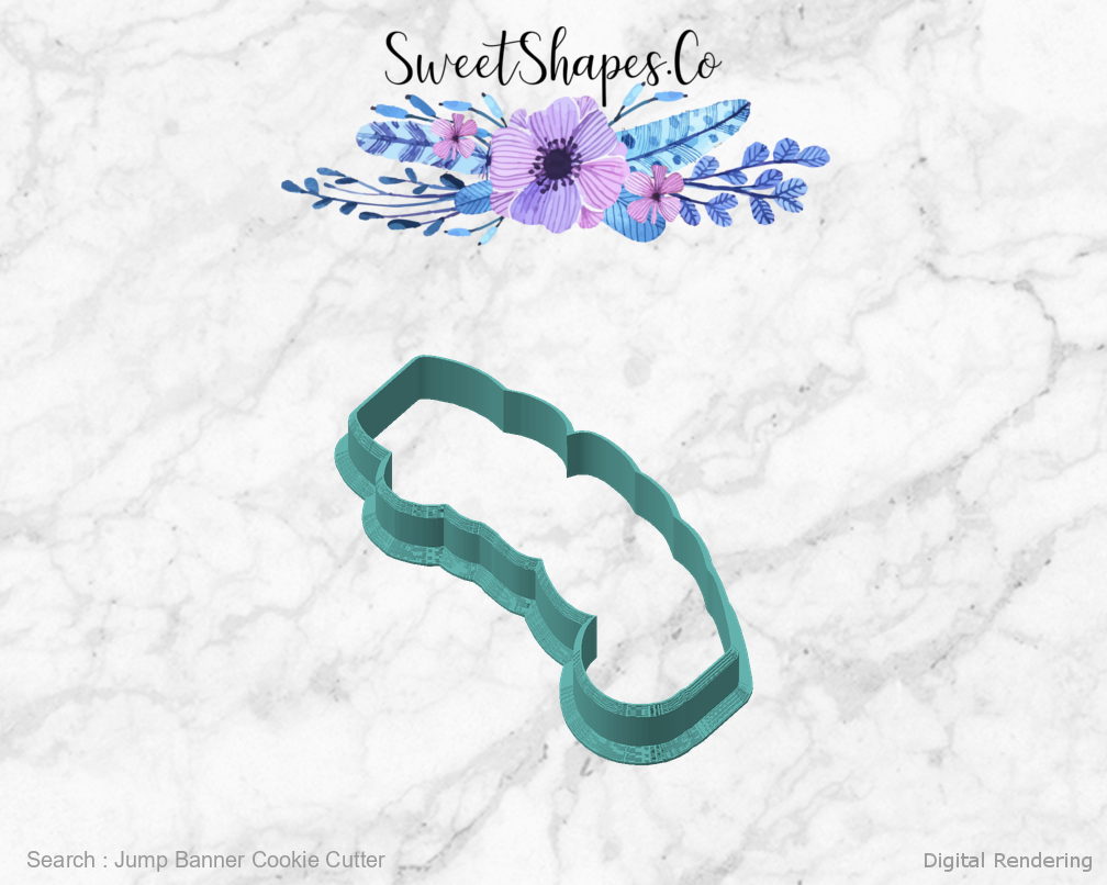 Jump Banner Cookie Cutter — angled front view