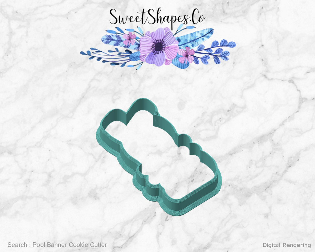 Pool Banner Cookie Cutter — angled front view