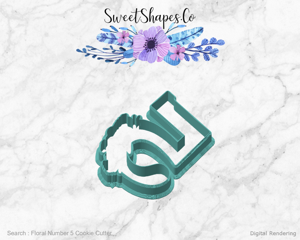 Floral Number 5 Cookie Cutter — angled front view