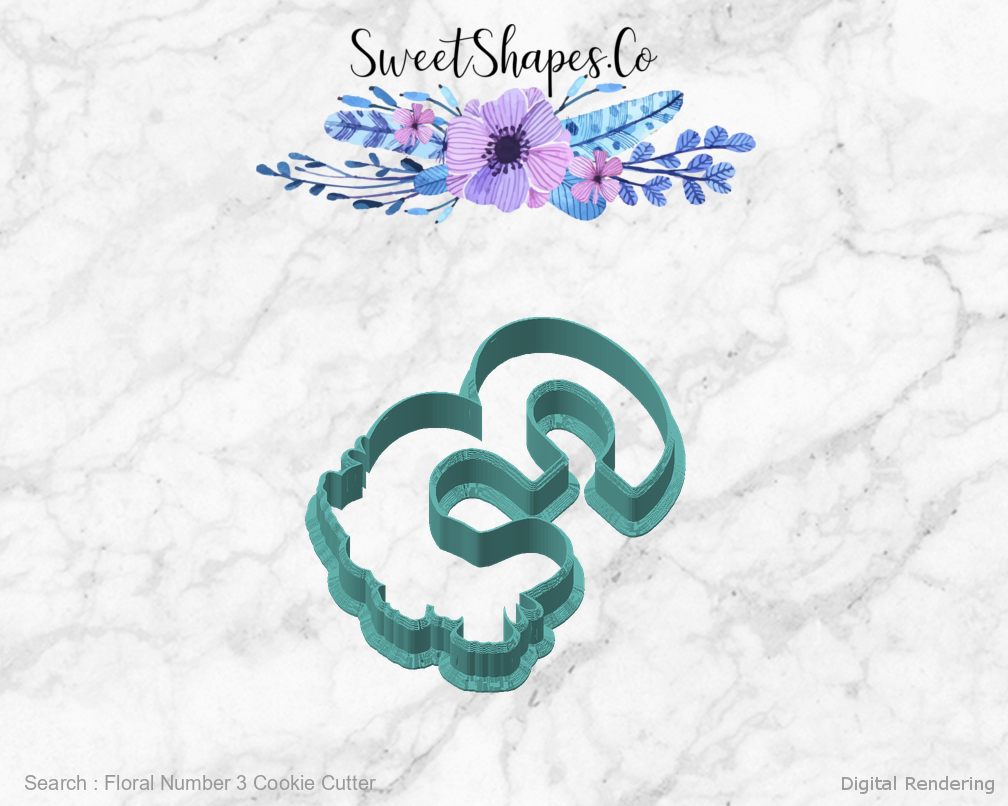 Floral Number 3 Cookie Cutter — angled front view