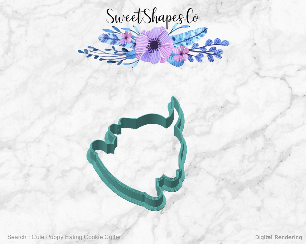 Cute Puppy Eating Cookie Cutter — angled front view