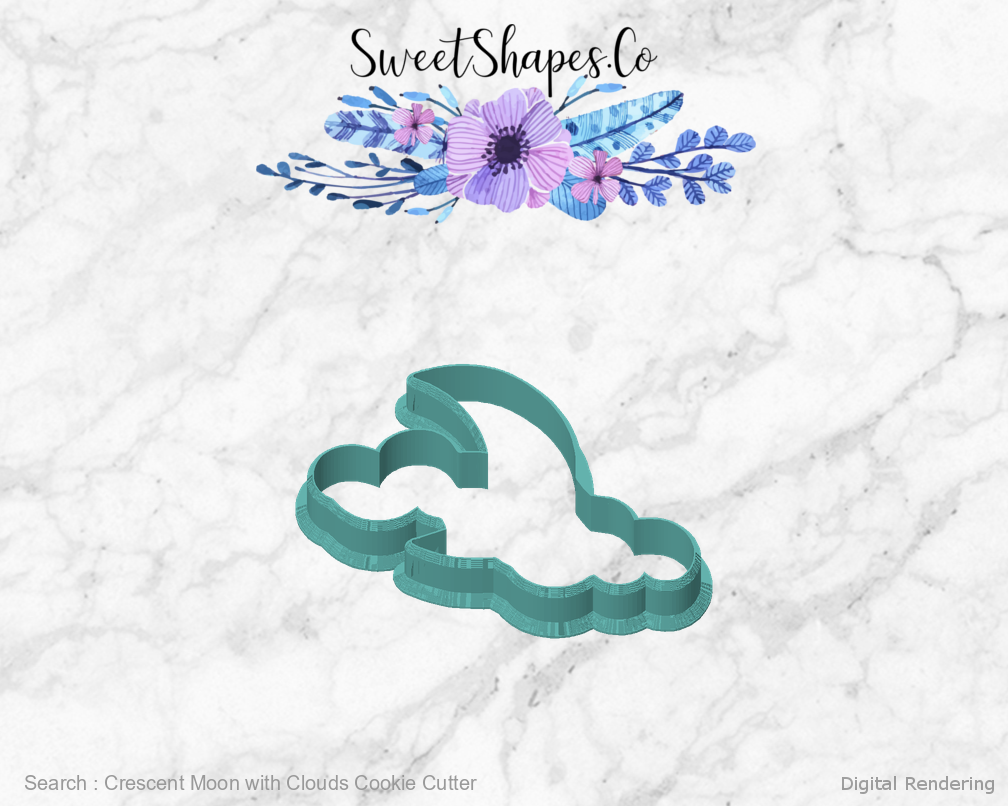 Crescent Moon with Clouds Cookie Cutter — front view