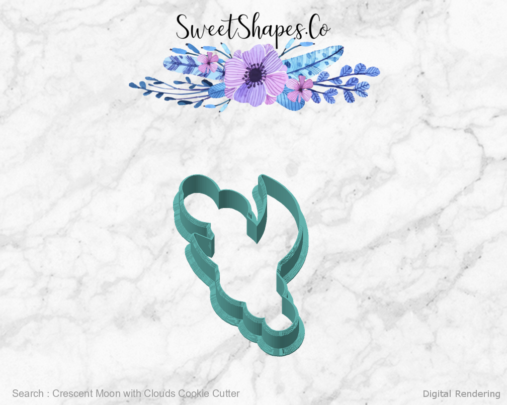 Crescent Moon with Clouds Cookie Cutter — angled front view