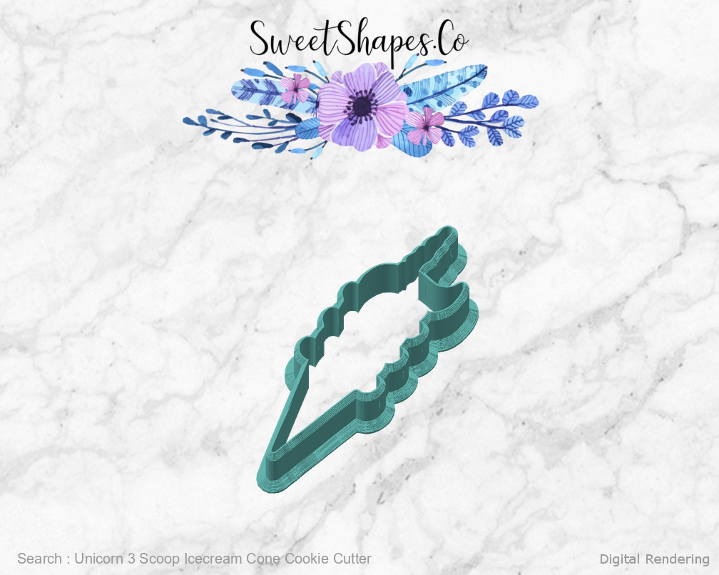 Unicorn 3 Scoop Icecream Cone Cookie Cutter — angled front view