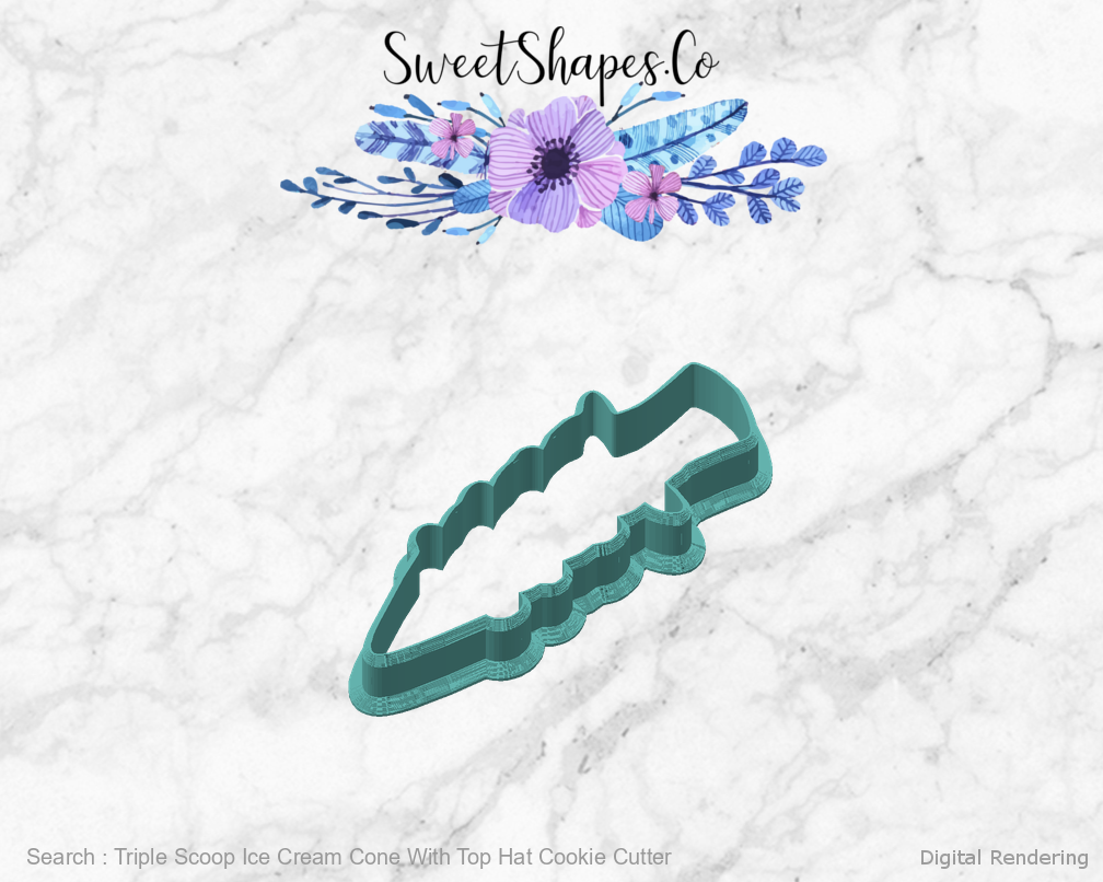 Triple Scoop Ice Cream Cone With Top Hat Cookie Cutter — angled front view