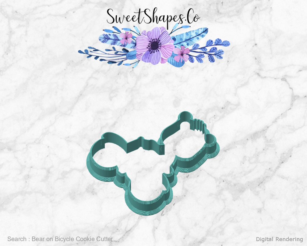 Bear on Bicycle Cookie Cutter — angled front view
