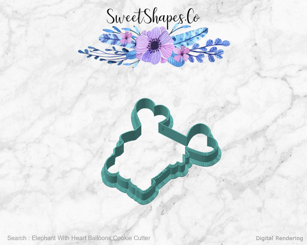 Elephant With Heart Balloons Cookie Cutter — angled front view