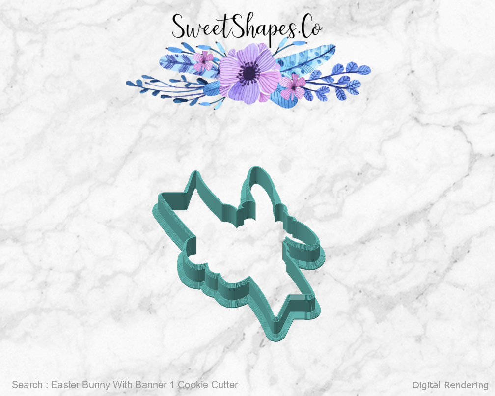 Easter Bunny With Banner 1 Cookie Cutter — angled front view