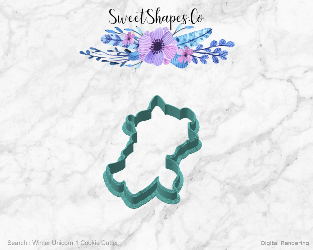 Winter Unicorn 1 Cookie Cutter — angled front view
