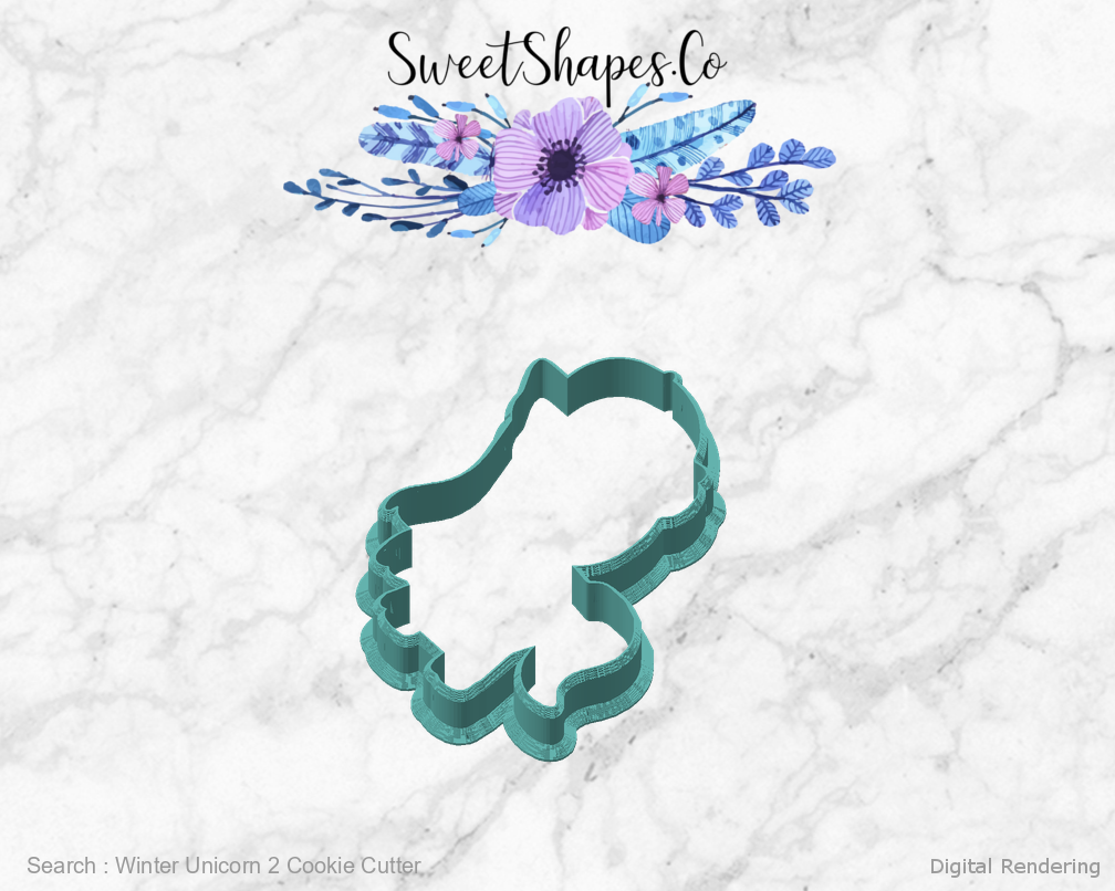 Winter Unicorn 2 Cookie Cutter — angled front view