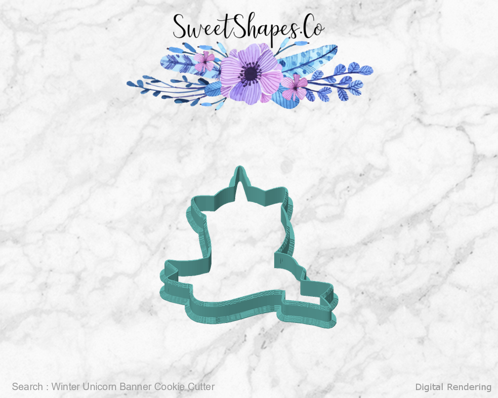 Winter Unicorn Banner Cookie Cutter — front view