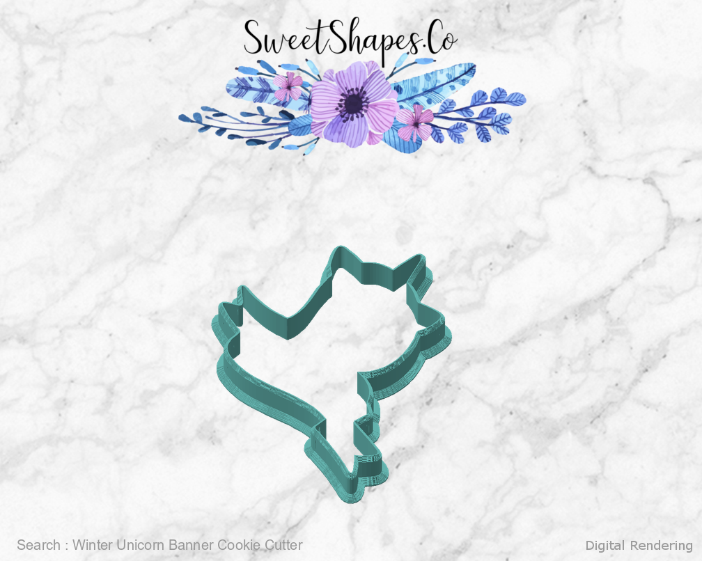 Winter Unicorn Banner Cookie Cutter — angled front view