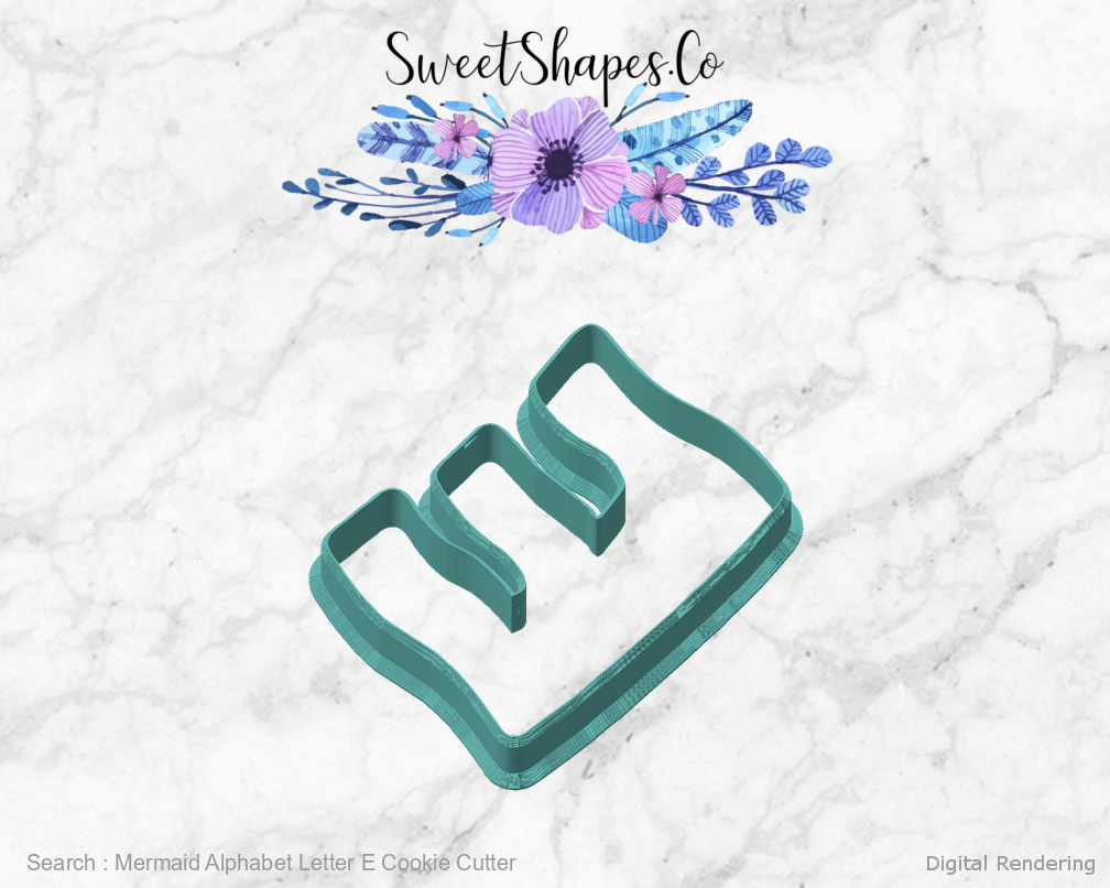 Mermaid Alphabet Letter E Cookie Cutter — angled front view