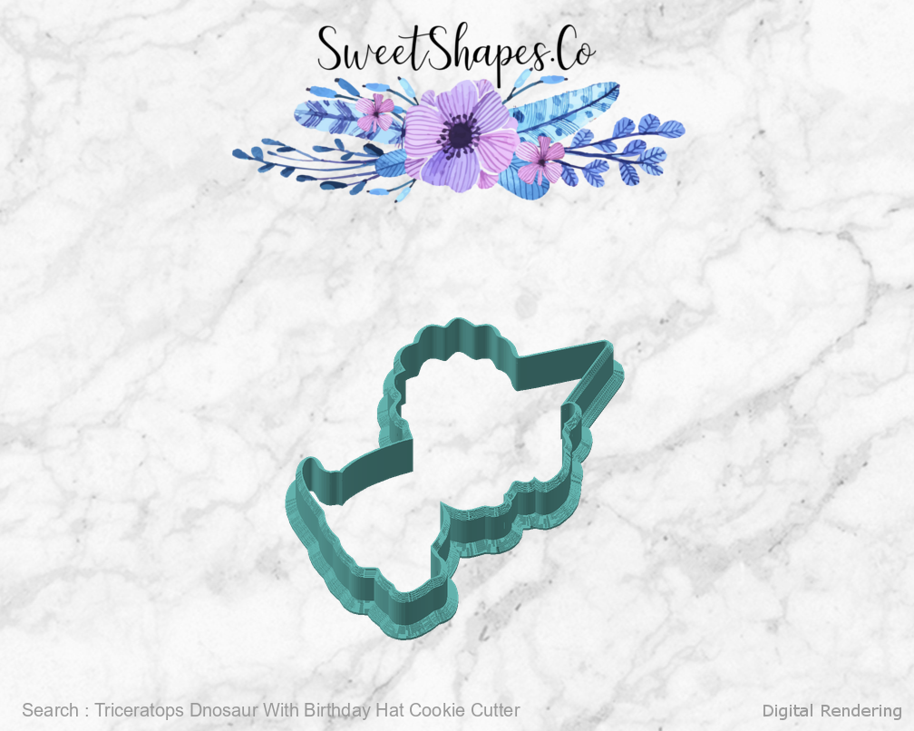 Triceratops Dnosaur With Birthday Hat Cookie Cutter — angled front view