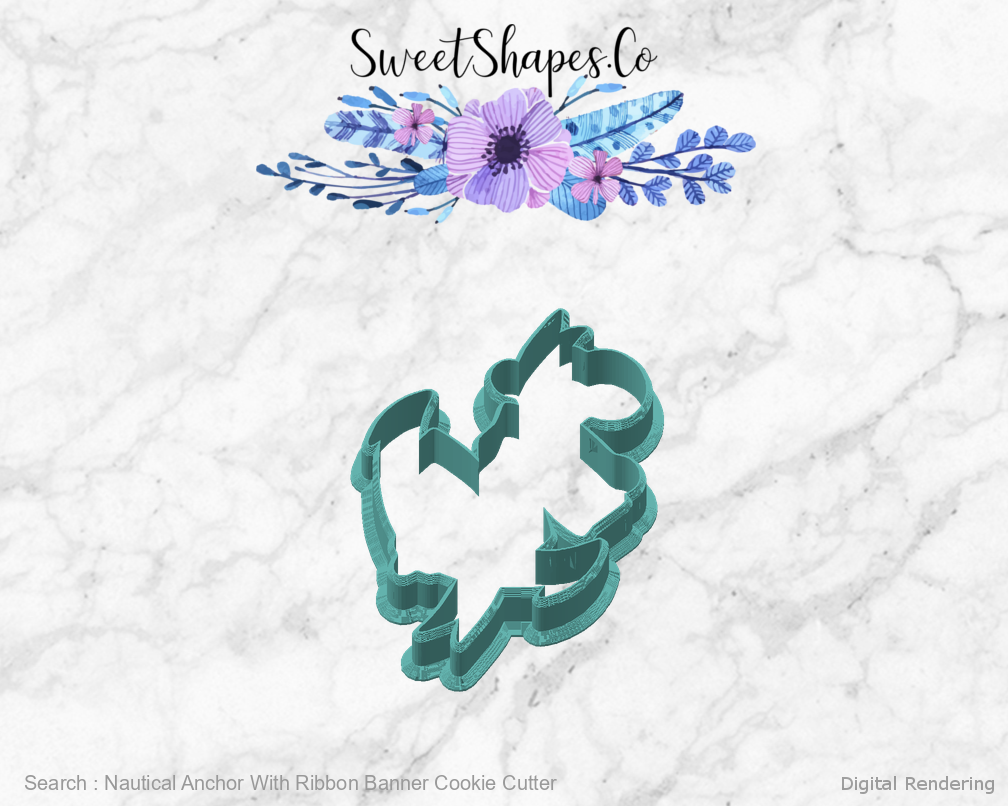 Nautical Anchor With Ribbon Banner Cookie Cutter — angled front view