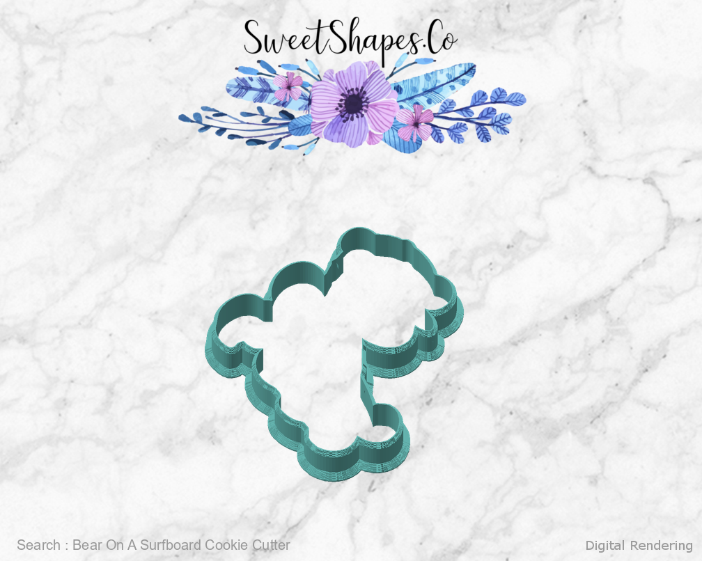Bear On A Surfboard Cookie Cutter — angled front view