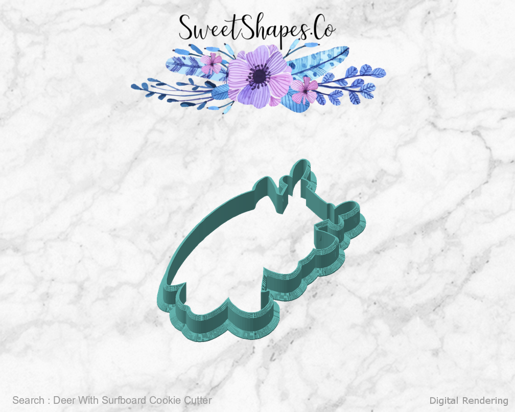 Deer With Surfboard Cookie Cutter — angled front view