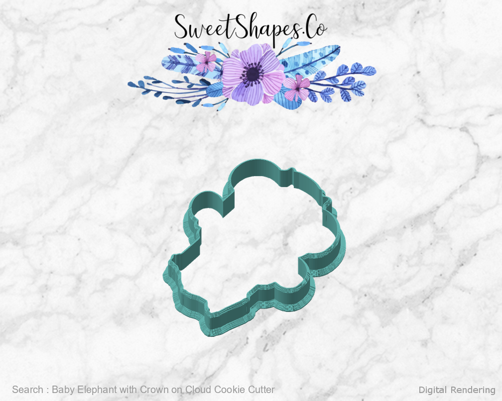 Baby Elephant with Crown on Cloud Cookie Cutter — angled front view